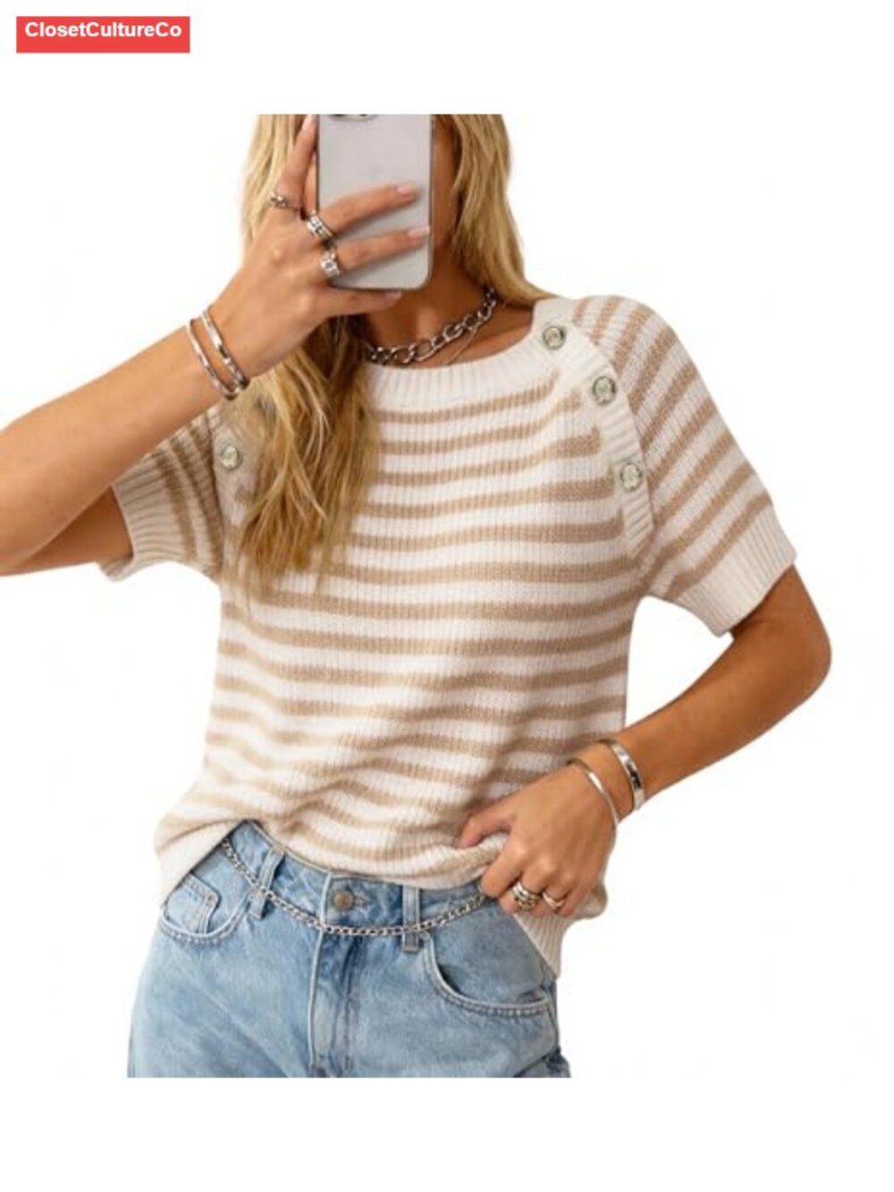 Striped Knit Top Short Sleeve Button Shoulder Crew Neck Pullover
